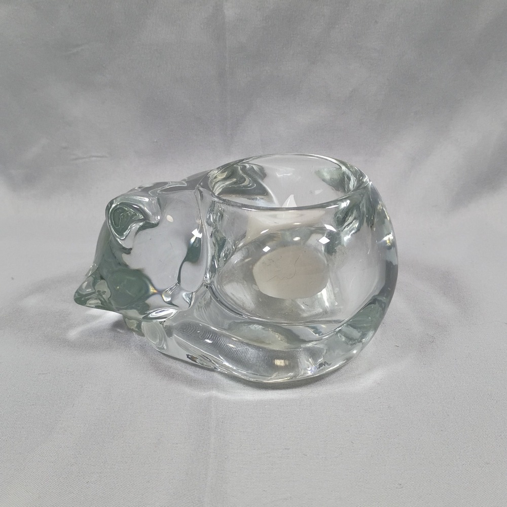 Vintage Clear Art Glass Sleeping Cat Votive Tea Light Candle Holder Figurine